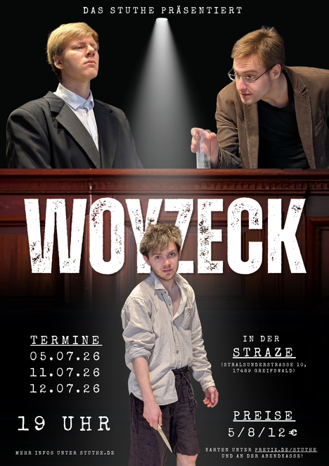 WOYZECK - Der Hauptmann und der Doktor schauen auf Woyzeck hinab, der ein Messer hält